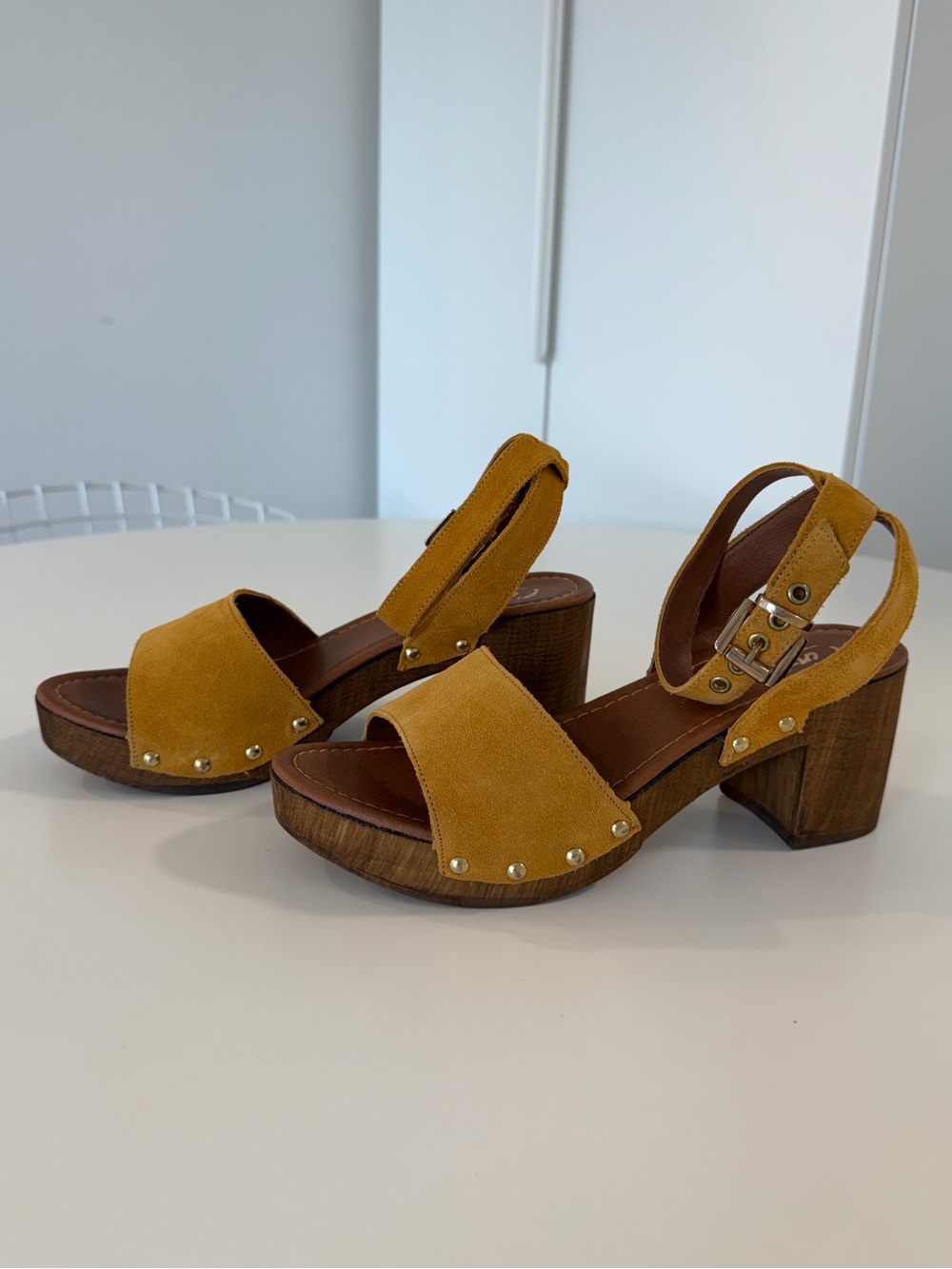 L’intervalle Mustard Yellow Suede Leather Block Heel Sandals with Ankle Straps